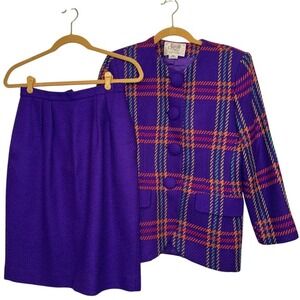VTG Saville Petites‎ Purple Plaid Blazer Skirt w/pockets Suit Set Women Size 8P